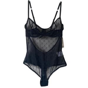 NEW INC INTERNATIONAL Black Sheer Bodysuit Lingerie Logo Print Size Medium Sexy